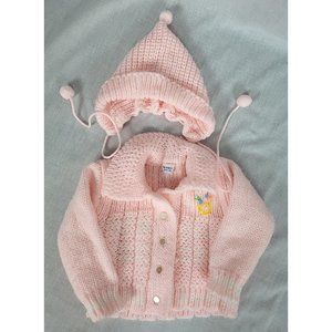 VTG 1970's Baby Infant Girl Crochet Pink Set SWEATER and HAT 6-9 mos Nannekins